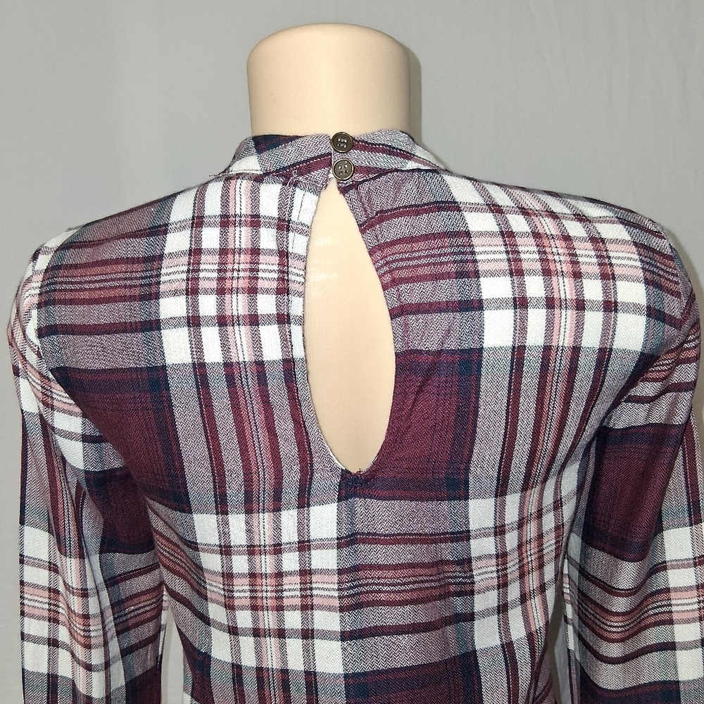 American Rag Cie Plainbell Vtg Burgundy Plaid Choker Blouse.Vtg Boho retro.Casua - Picture 15 of 16